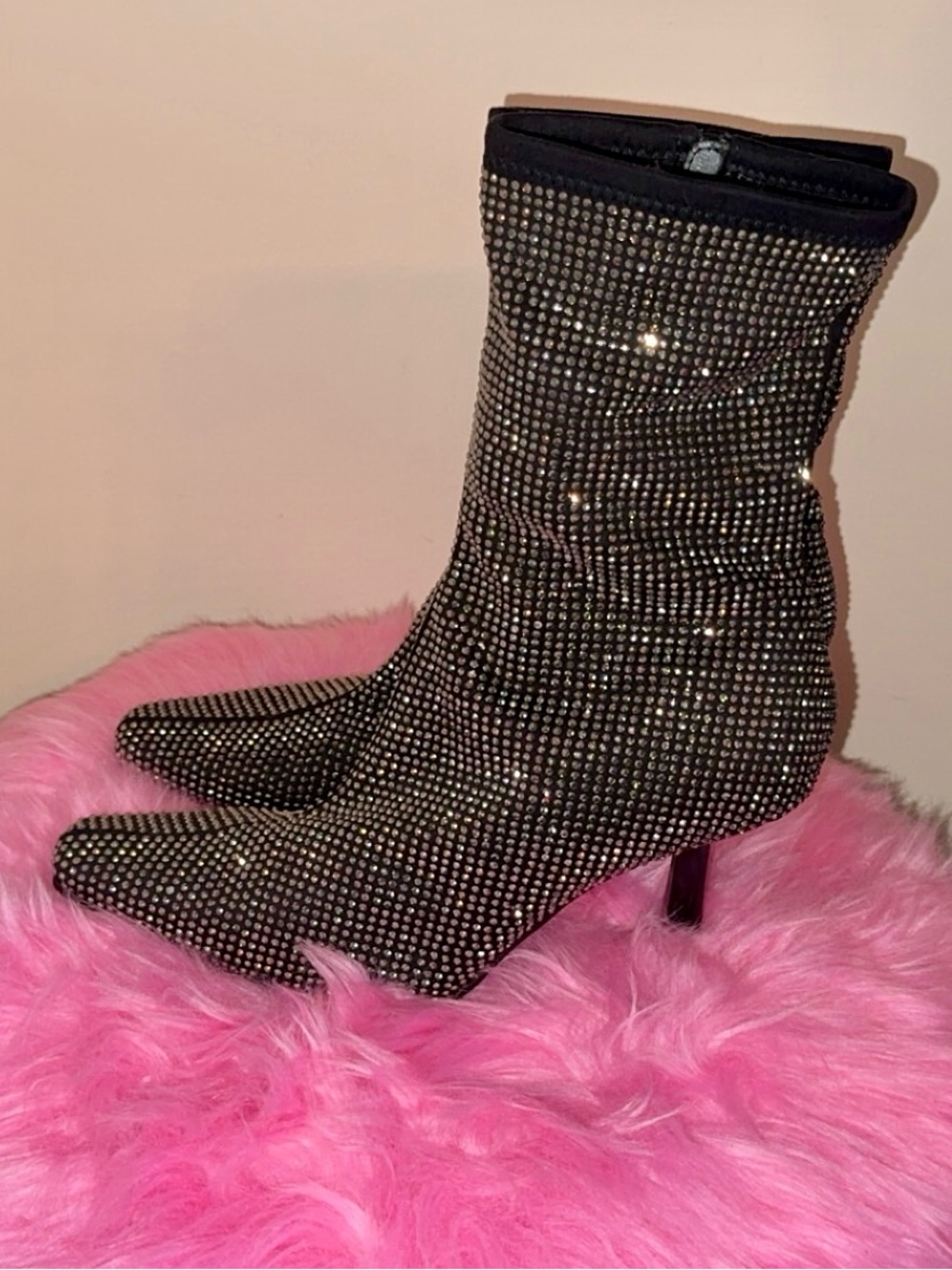 Steve Madden Black Rhinestone Mid-Calf Sock Booties